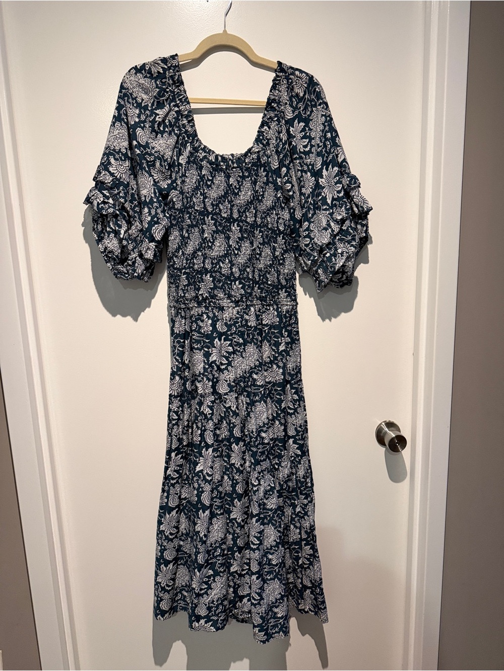 Apiece Apart Teal and White Smocked Floral Tunic Dress